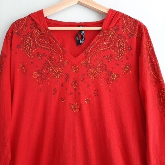 SEVEN7 Boho Paisley Floral Light V-Neck Hoodie Red Sz XL - Picture 3 of 13